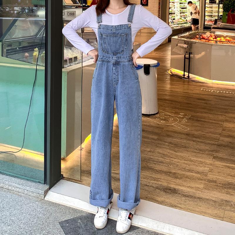 Denim strap pants women's loose Korean version 2020 spring and autumn new high waisted and sagging wide leg pants