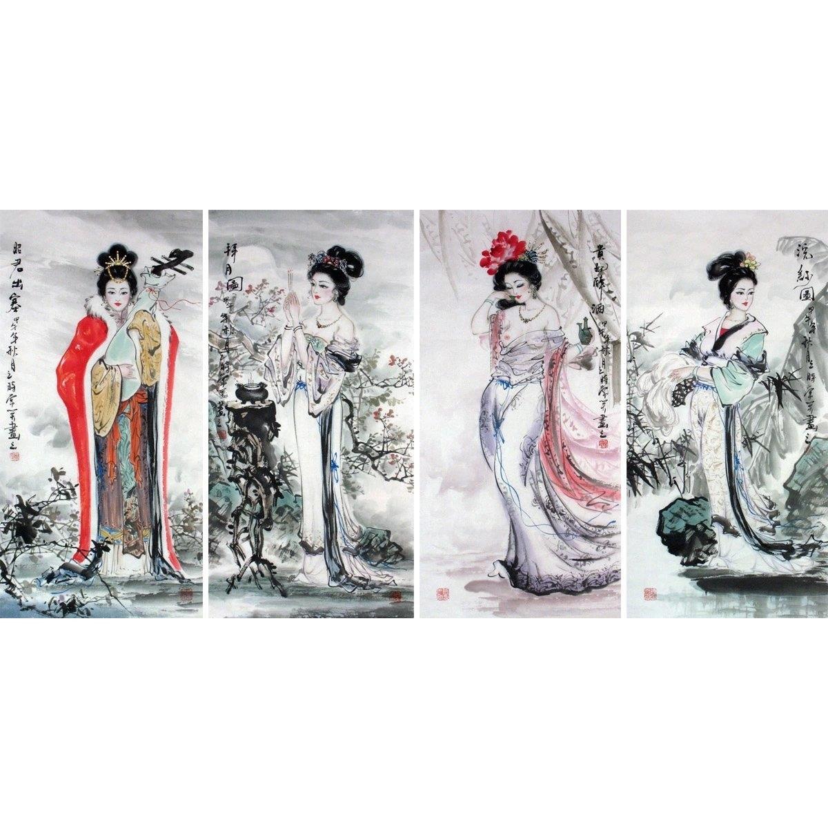 国画仕女人物图 常笑手绘精品 三尺条幅水墨画古代四大美女x56293
