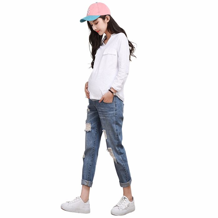 Summer adjustment pregnant women's ripped jeans wear nine-point pants loose casual fashion trendy mom straight pants trendy
