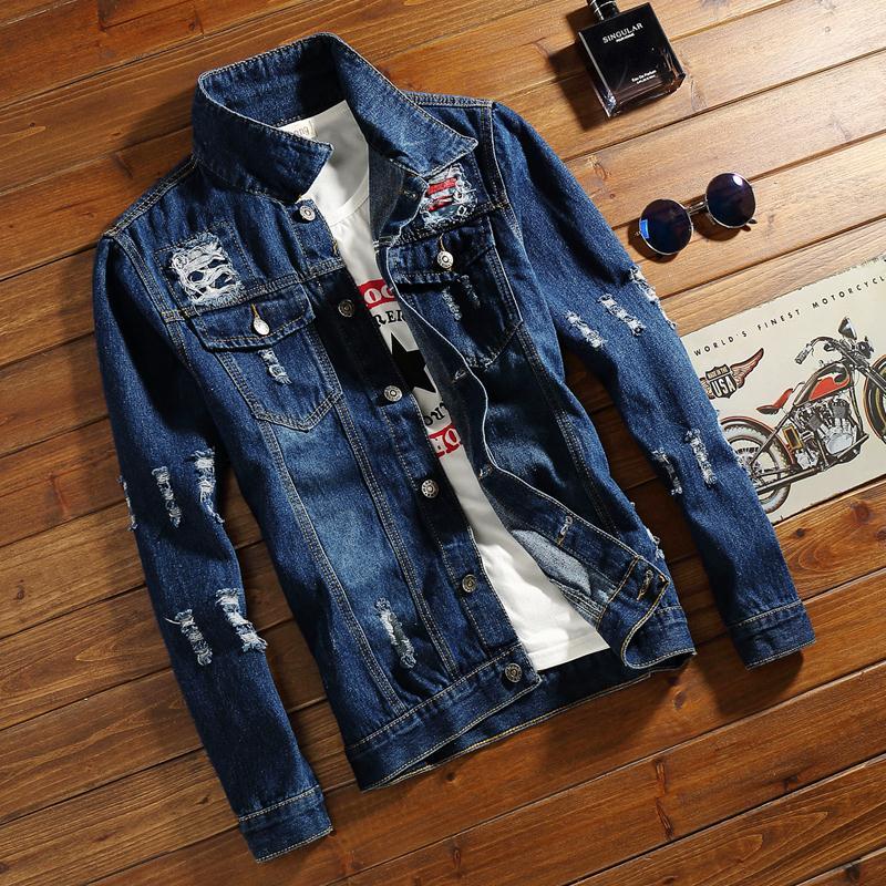 Youth hole denim jacket men's big size trend slim fit Korean Denim Jacket Top Men's wear retro thin autumn