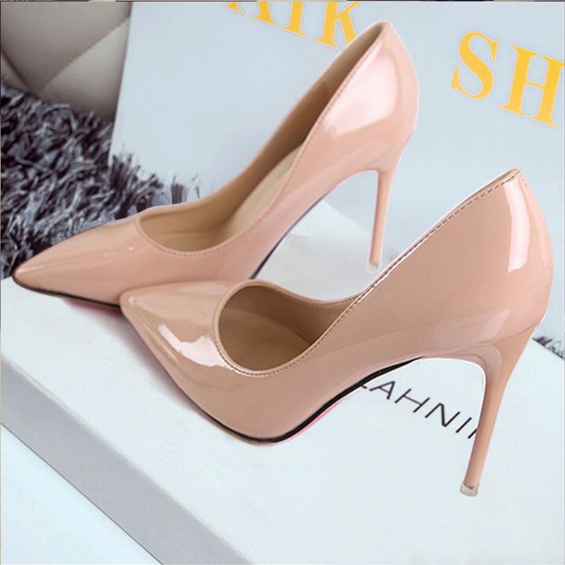 Women's shoes 2023 new nude color stiletto high heels pointed toe black work single shoes women's patent leather blue large size