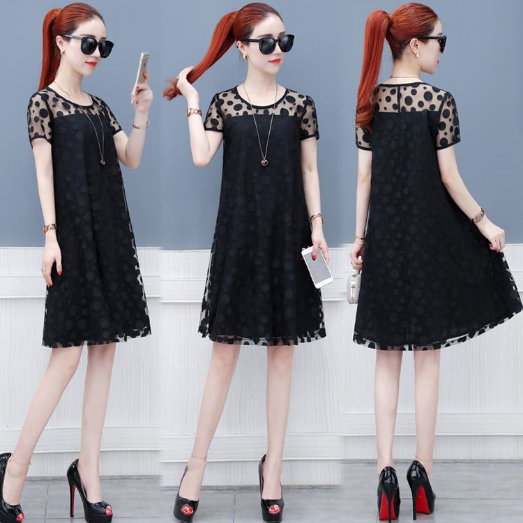 Lace mesh dress women's dress 2020 new mid long Korean version loose and large A-line skirt for women