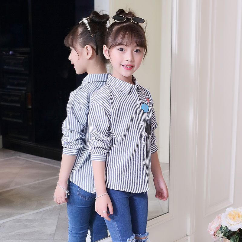 5童装6女童衬衫新款韩版7中大童时髦8潮上衣9岁女童星星竖条衬衫