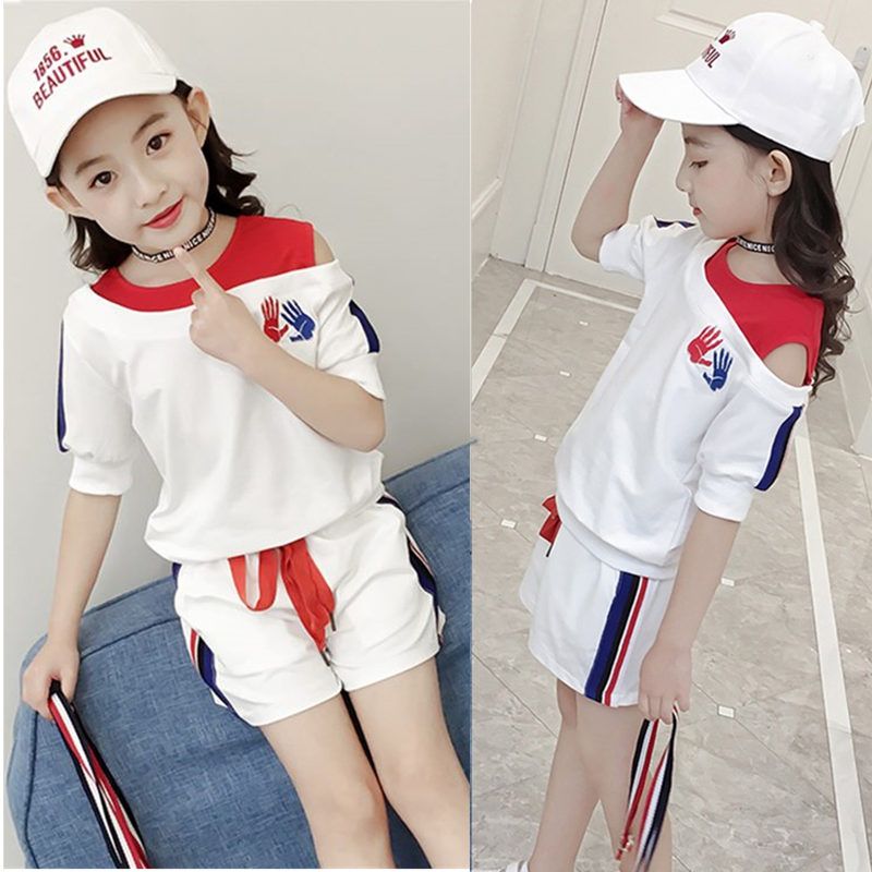 95 cotton girl's summer new summer suit: two piece suit with slanted shoulder and short sleeve