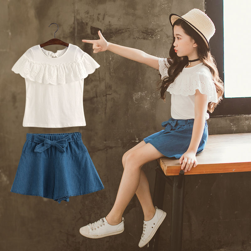 2020 Korean summer girls' denim sports short sleeve suit fashion two piece set of children's leisure shorts