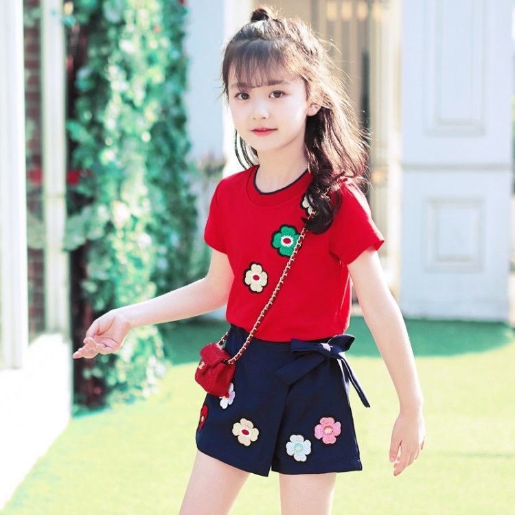Summer Korean version of 7 girls 8-9 years old girls and children two-piece suit new fresh cartoon summer short