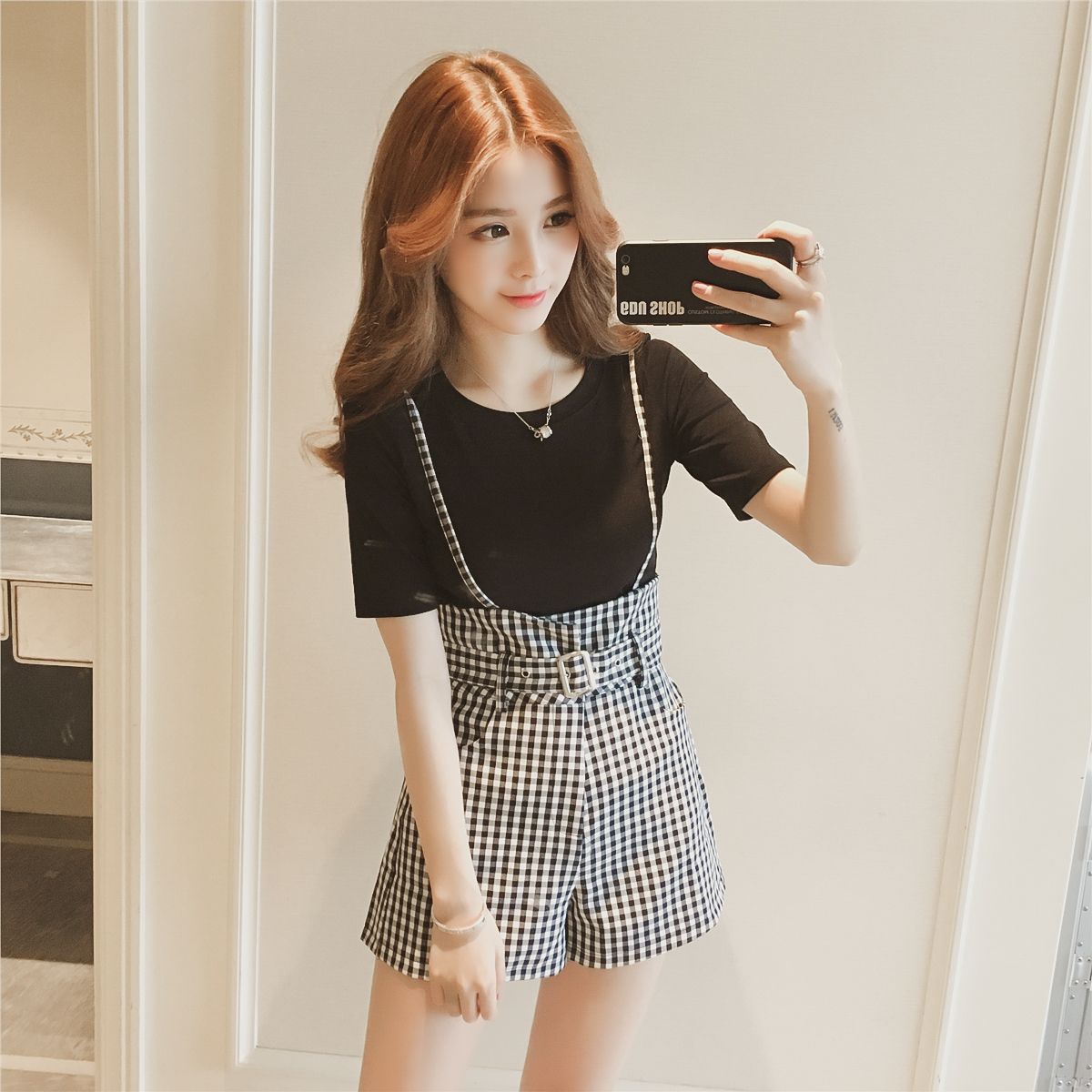 Belt pants female students Korean version two piece women's suit women summer fashion 2020 new checked suspender shorts BF