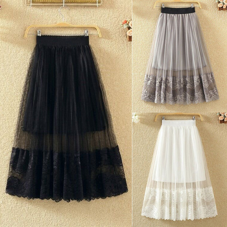 Lace gauze skirt skirt nuchun 2020 new versatile medium length fairy mesh sand skirt pleated skirt summer