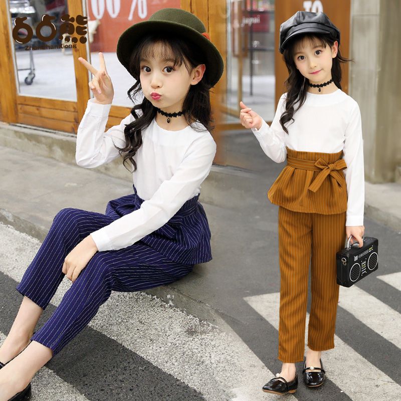 2019 new girl's suit 4, 7 big 6 children's two piece set 9 spring 10 little girl long sleeve stripe 3-15 years old