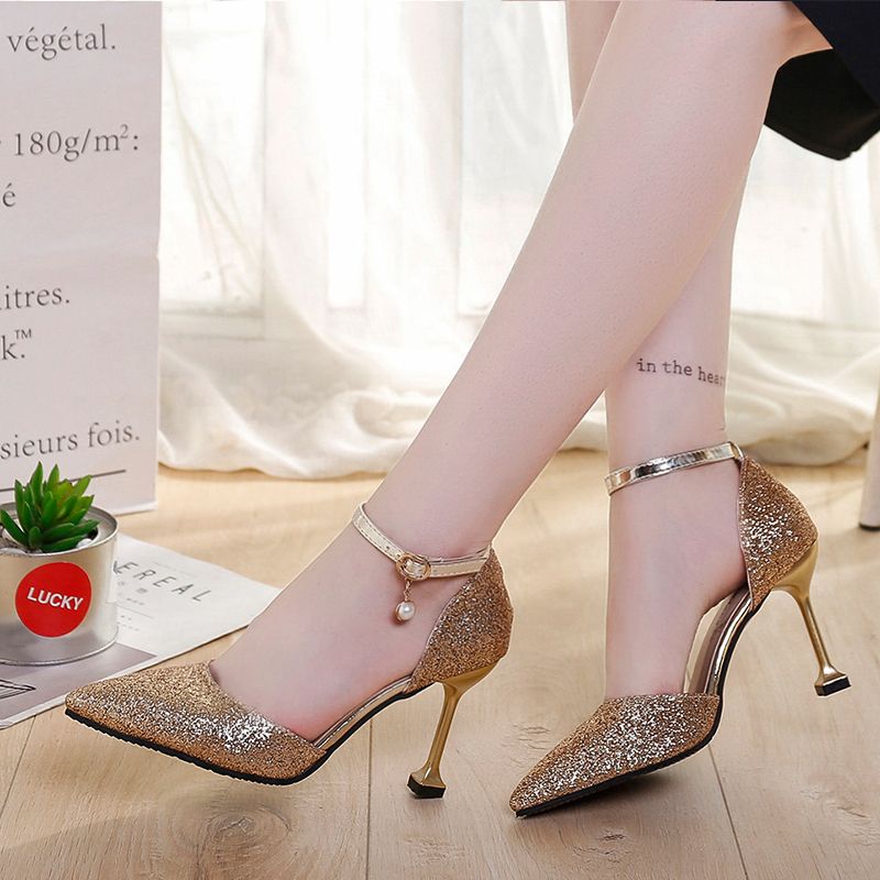 Baotou sandals 2023 new one-word buckle small fresh high-heeled shoes women's summer stiletto all-match cat heels crystal wedding shoes