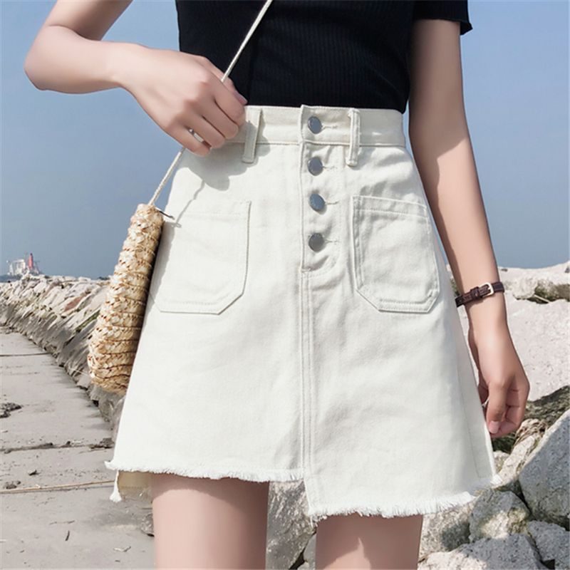 Summer 2019 new Korean version of big fat mm200kg high waisted denim skirt skirt half skirt shows thin A-line short skirt students