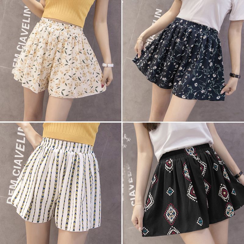 Large size wide leg pants [with lining] summer new half length loose Chiffon Print Shorts women's pant skirt