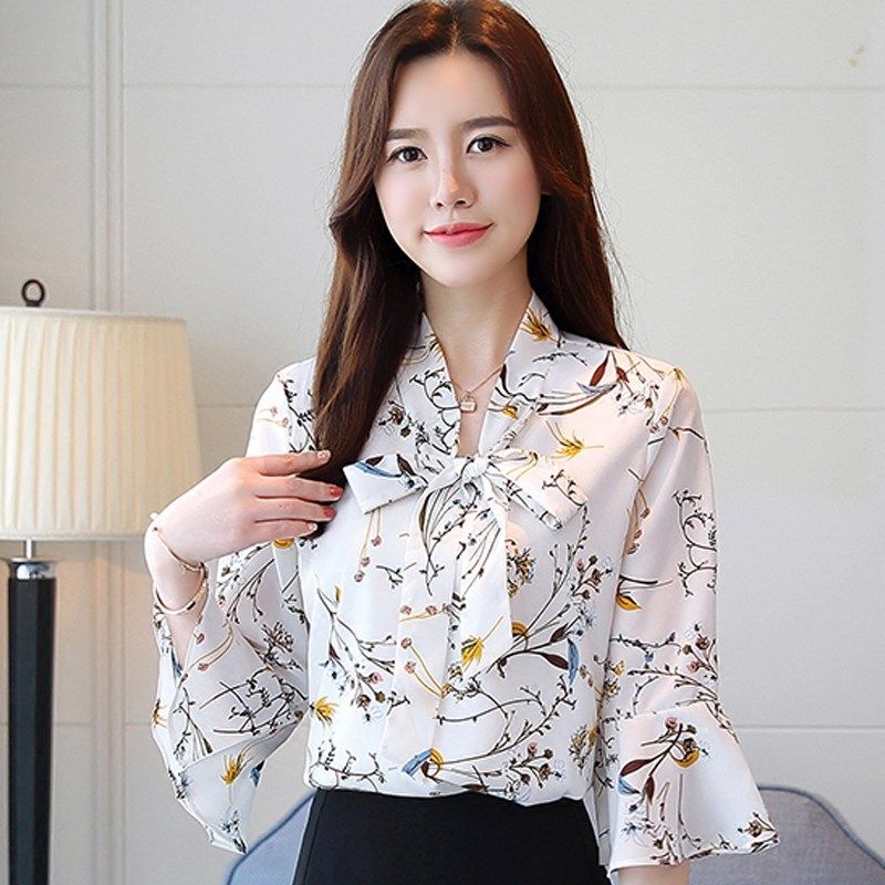 Floral Chiffon Blouse women's 3 / 4 sleeve loose cover belly top bow Bell Sleeve Top soft chiffon shirt woman
