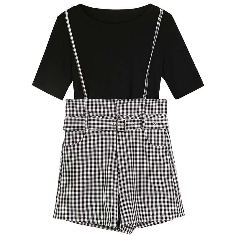 Belt pants female students Korean version two piece women's suit women summer fashion 2020 new checked suspender shorts BF