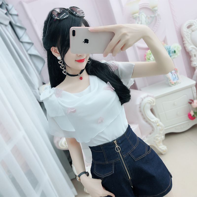 White embroidered butterfly chiffon shirt female Korean version student cape top summer loose shirt temperament summer new style