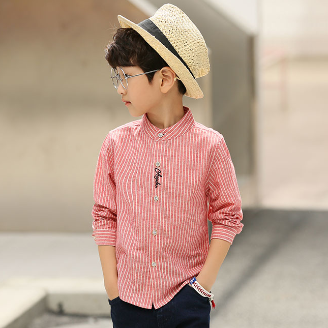 Children's shirt long sleeve boys' top spring and autumn children 2020 new Korean standing collar foreign style striped velvet shirt