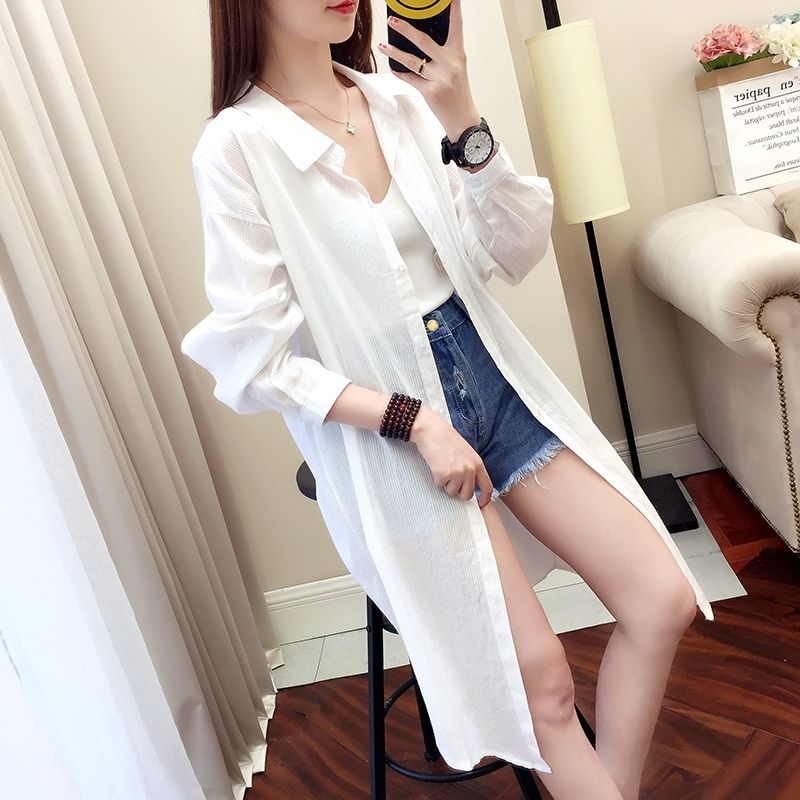 純棉防曬衫女中長款2023春秋裝新款長袖寬鬆白襯衫bf薄外套上衣潮