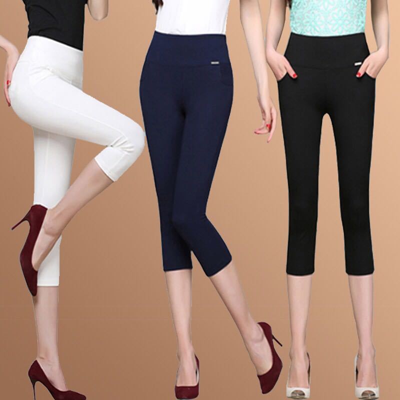Summer thin elastic high waisted Capris for women wearing Leggings show thin and loose Korean pencil pants large women's pants
