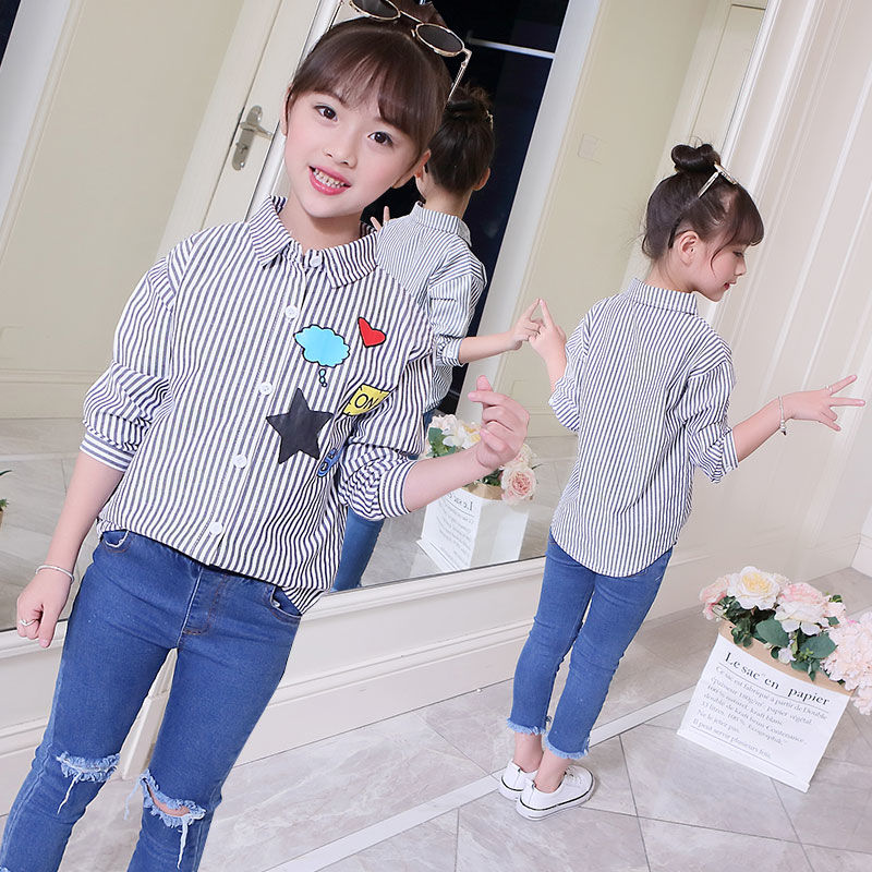 5童装6女童衬衫新款韩版7中大童时髦8潮上衣9岁女童星星竖条衬衫