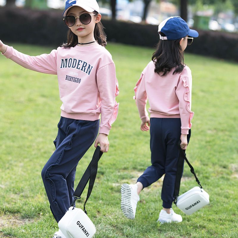 2023童装女童两件套新款儿童洋气字母花边裤套装中大童时尚韩版