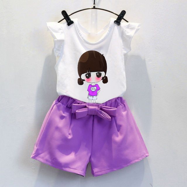 Children's wear girls foreign style summer suit girls casual cartoon printed T-shirt fashionable two piece summer clothes